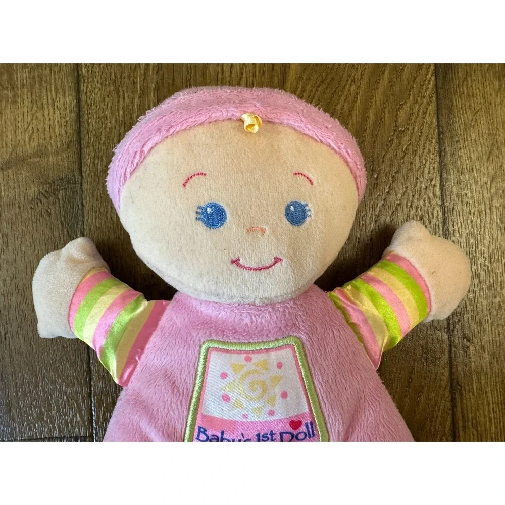 Fisher Price Pink Baby 1st First Doll 10 Inch Blue Eyes Plush Stuffed Rattle Toy